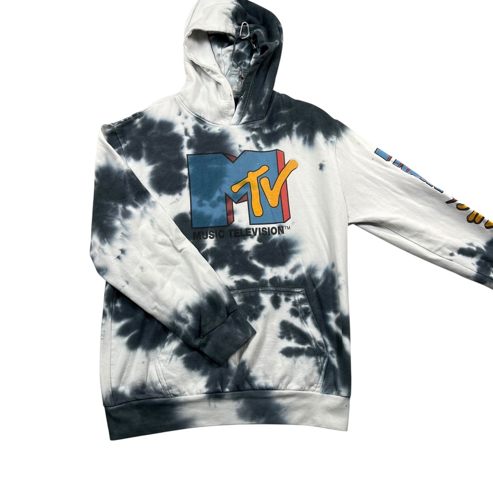 MTV Hoodie Mens Medium Black White Tie Dye Graphic Logo Sweatshirt I Want My MTV